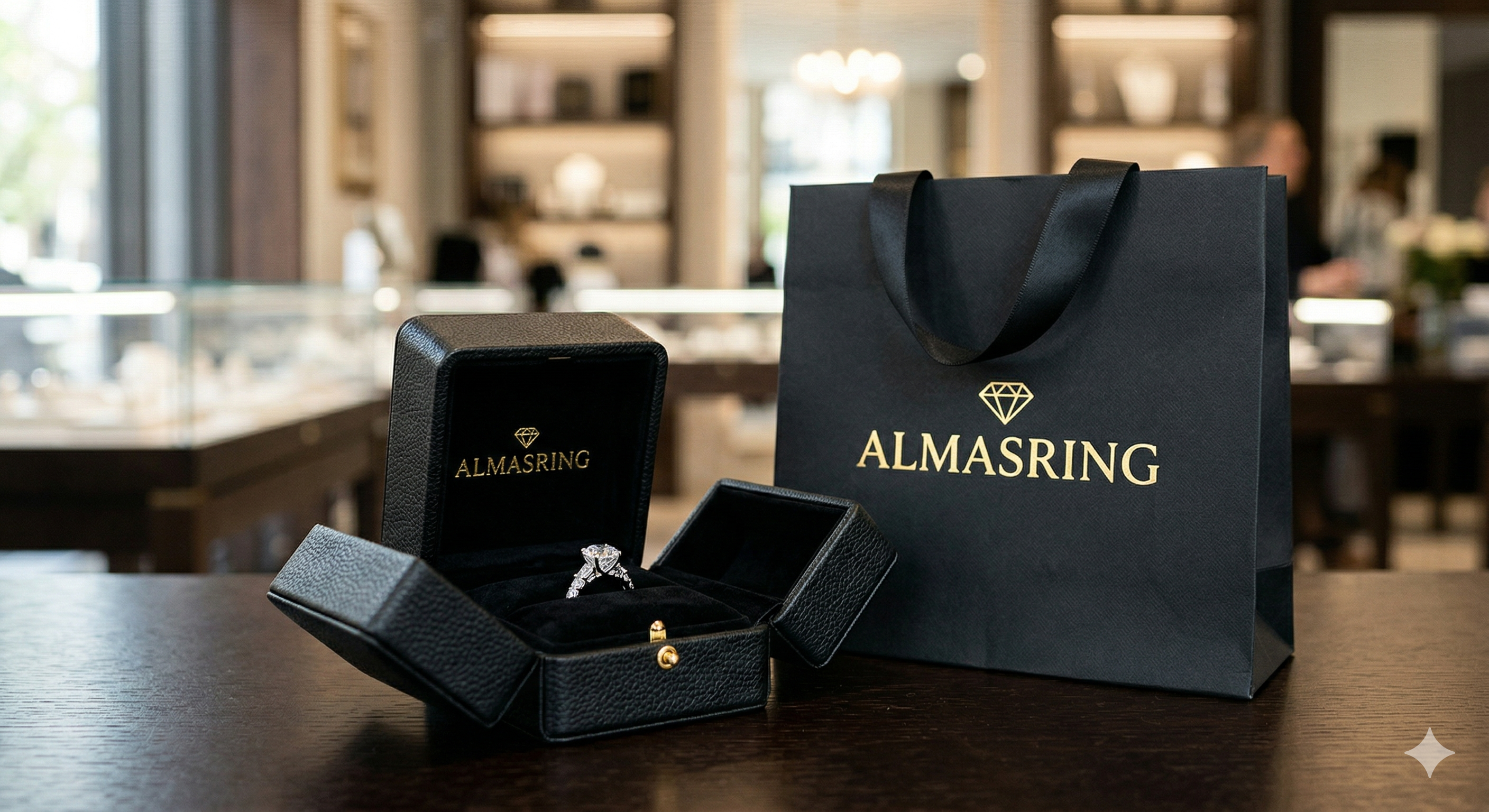 Premium matte black flat-top unboxing packaging with gold embossed Almasring logo